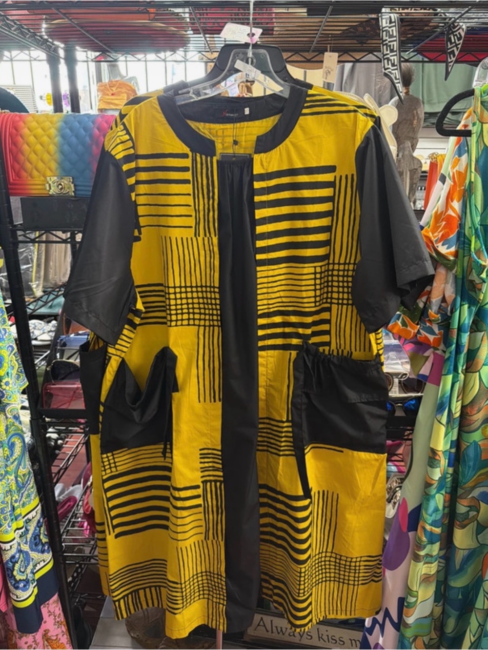 Yellow & Black Geometric Short-Sleeve Dress
